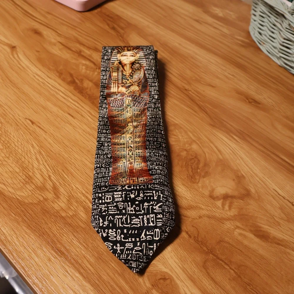 Museum Artifacts King Tut Silk Tie Egyptian Hieroglyphics Mens Black Handmade